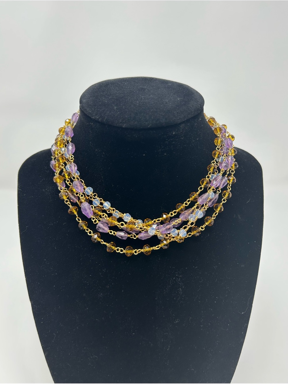 Multi-Strand Vtg Faceted Beaded Layered Necklace 24” Gold Tone Purple Gold Beads